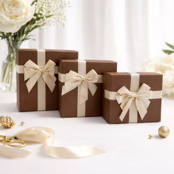 Lot de 3 boîtes cadeaux carrées marron chocolat irisé - Nœud satin doré