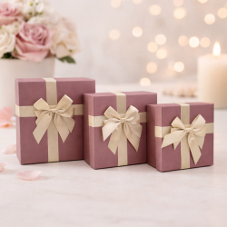 Lot de 3 boîtes cadeaux carrées prune irisé - Nœud satin doré