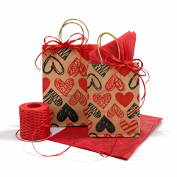 Pack Emballage Saint-Valentin : 48 sacs kraft cœurs, papier de soie et raphia - 12 Grands Sacs OFFERTS