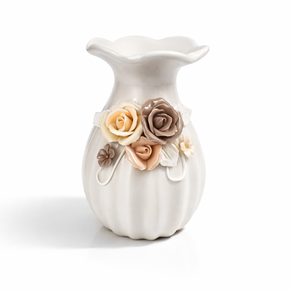 Petit vase blanc céramique blanc avec décoration de roses en relief
