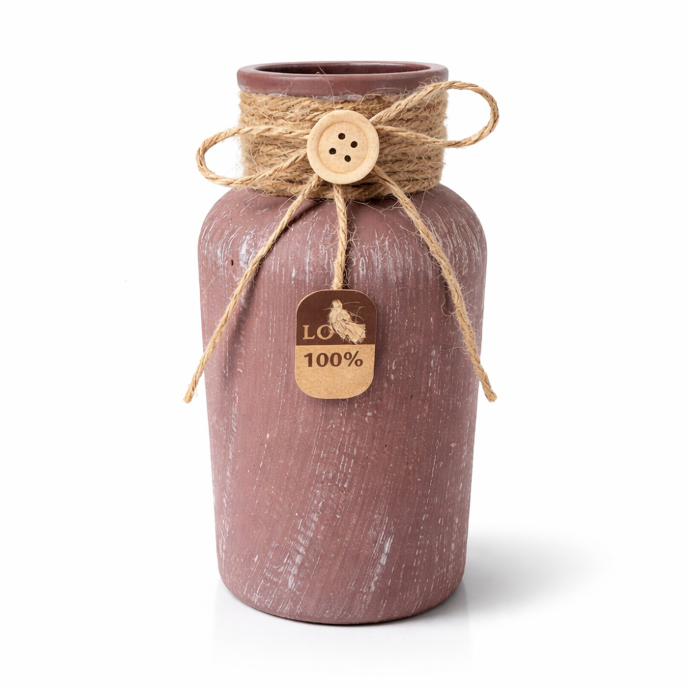 Petit vase en verre peint de couleur marron glacé et nœud en corde jute