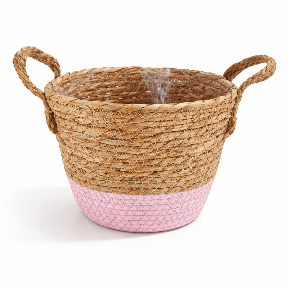 Petite corbeille en raphia tressé fond rose à anses 16cm