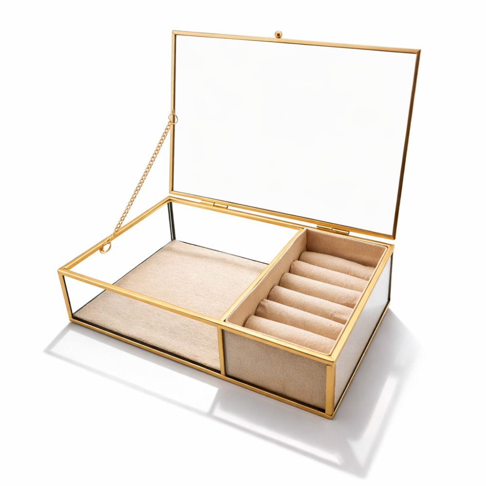 Boîte à bijoux en métal doré et en verre fond suédine beige crème