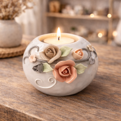Bougeoir rond en céramique motif sculpté et décoration de fleurs