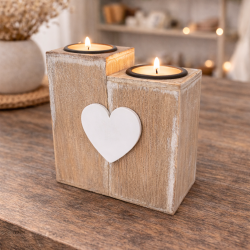 Bougeoir pour 2 bougies en bois motif cœur blanc en relief