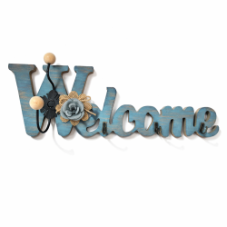 Patère murale à clés lettrage "Welcome" aspect bois bleue