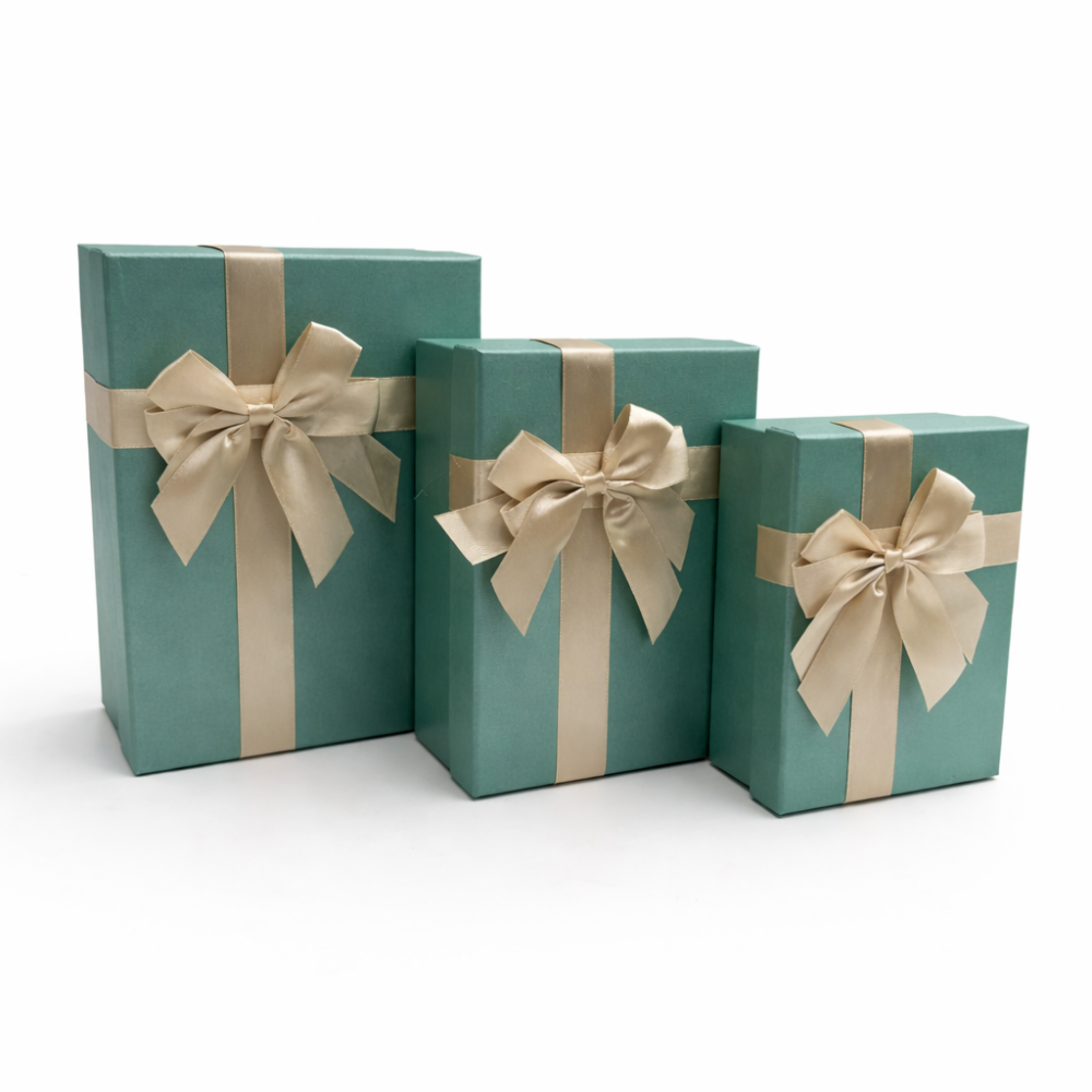 Assortiment de 3 boîtes cadeaux vert sarcelle irisés & Nœuds dorés