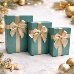 Assortiment de 3 boîtes cadeaux vert sarcelle irisés & Nœuds dorés
