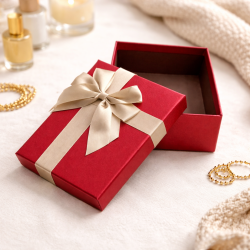 Boîte cadeaux rouge irisé & Nœud satin doré - 21 x 14 x 8 cm