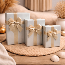 Assortiment de 3 boîtes cadeaux gris perle irisé & Nœuds dorés