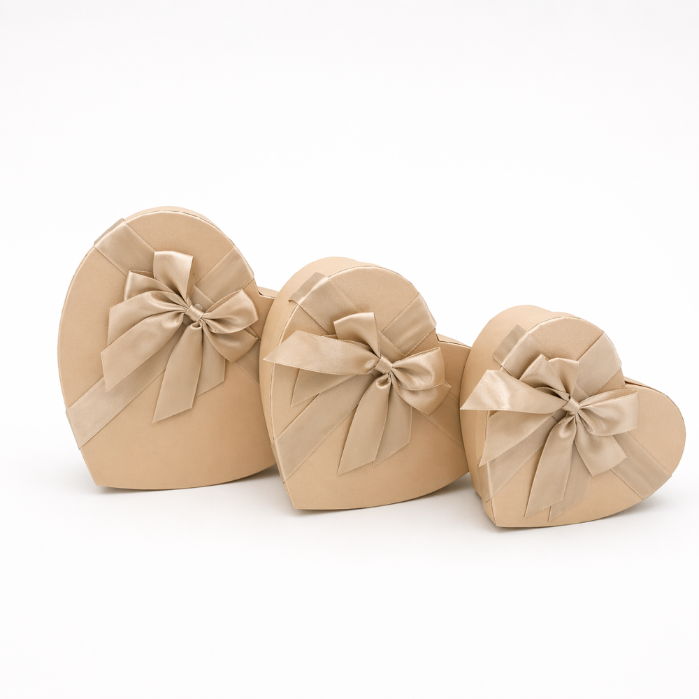 Pack 3 boîtes cadeaux cœur pêche irisée & nœud or | Trio S-M-L