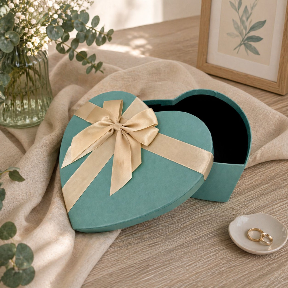 Boîte cadeau cœur vert sarcelle irisé & nœud or | Format M 15x18x7.5 cm