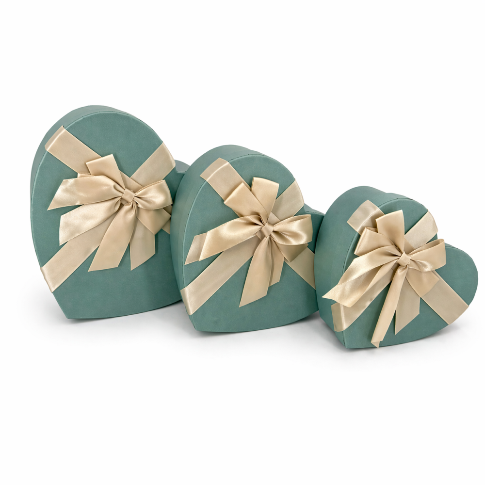 Pack 3 boîtes cadeaux cœur vert sarcelle irisé & nœud or | Trio S-M-L