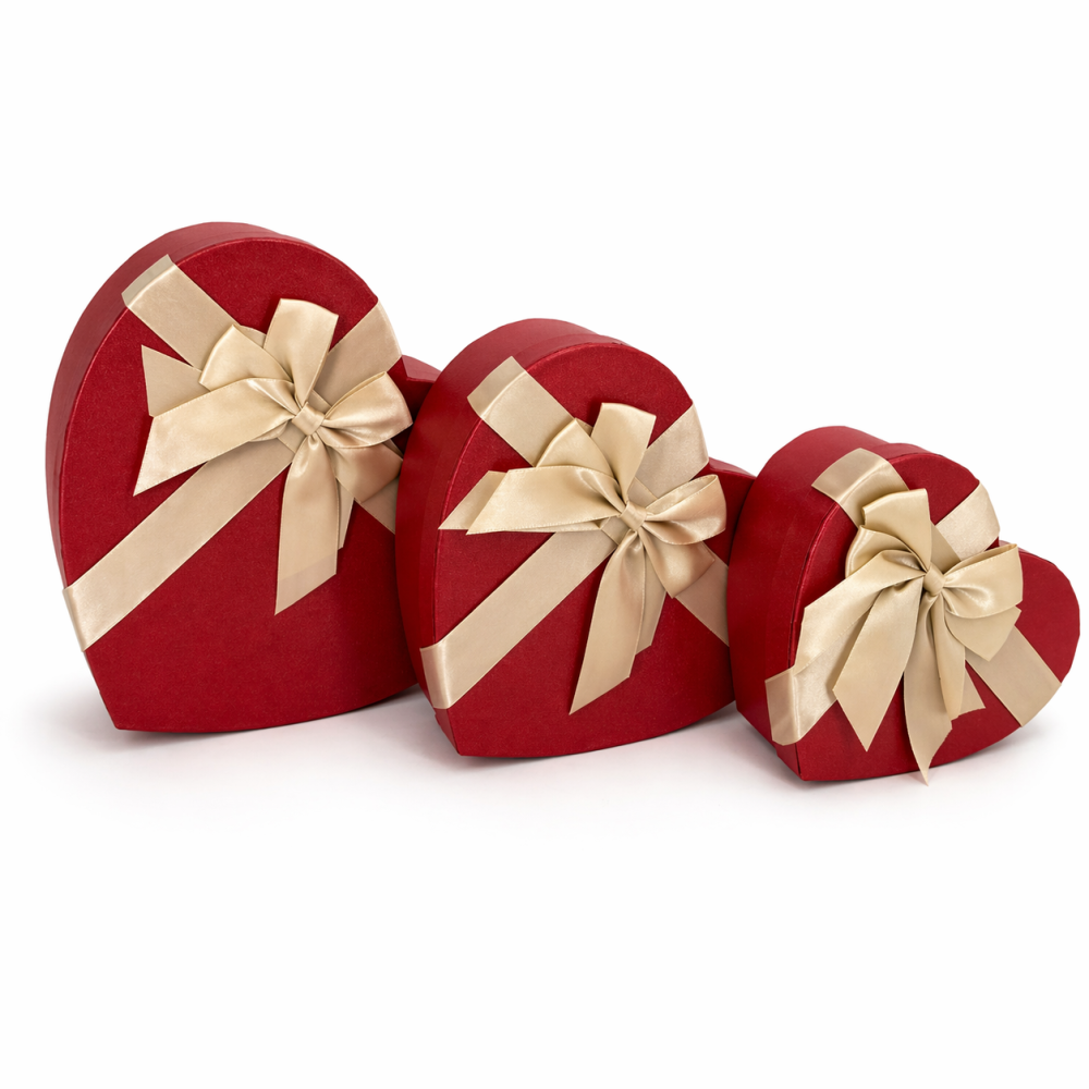 Pack 3 boîtes cadeaux cœur rouges irisées & nœud or | Trio S-M-L