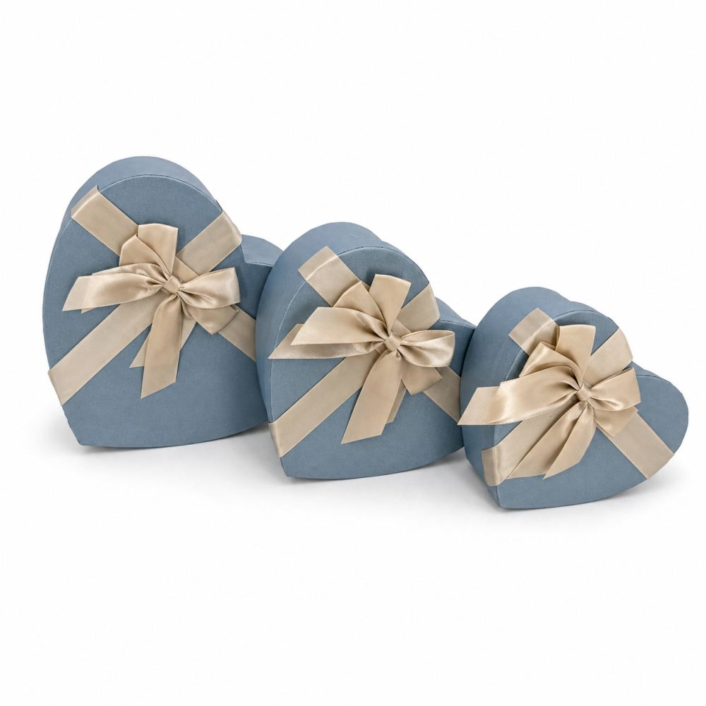 Pack 3 boîtes cadeaux cœur bleu givré irisé & nœud or | Trio S-M-L