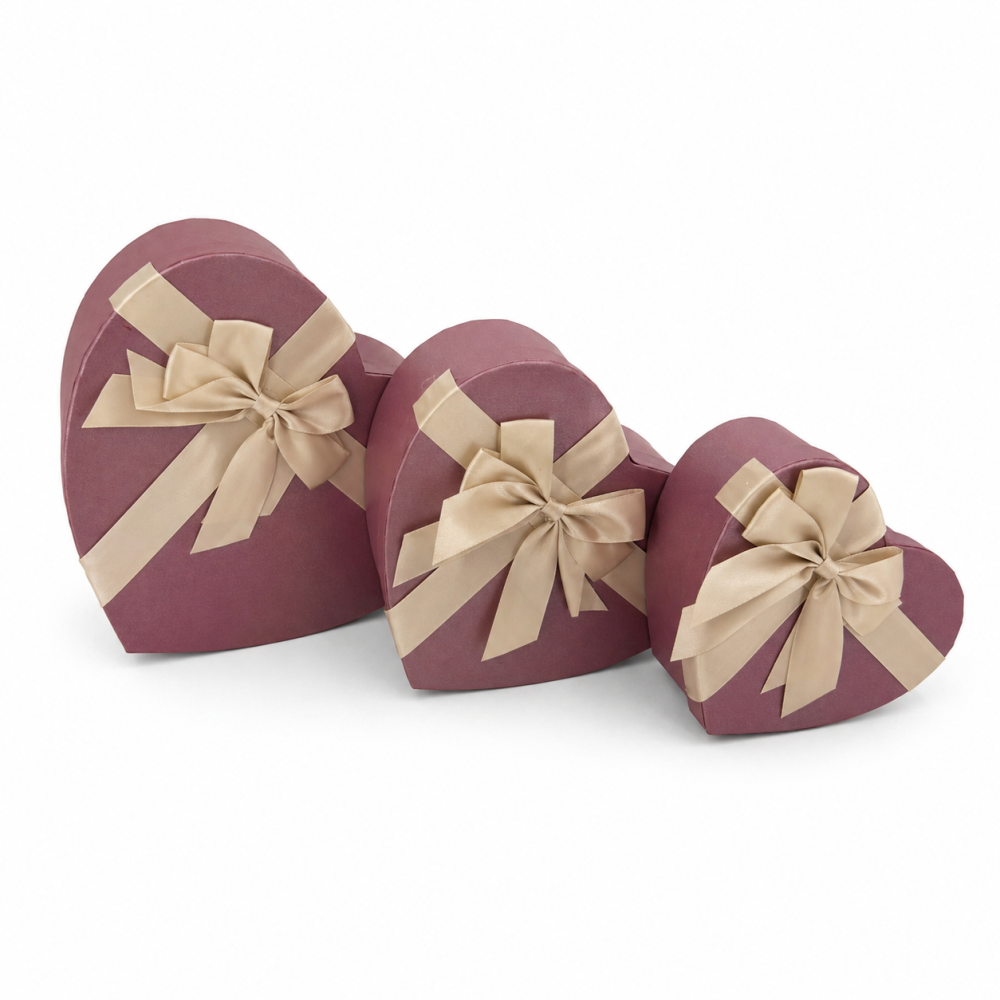 Pack 3 boîtes cadeaux cœur prune irisé & nœud or | Trio S-M-L