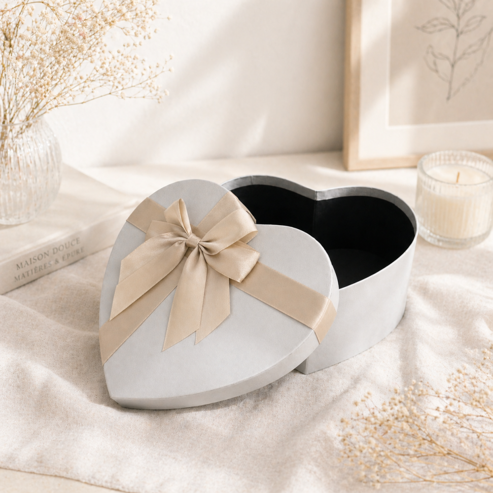 Petite boîte cadeau cœur gris perle irisé & nœud or | 13x15x6 cm