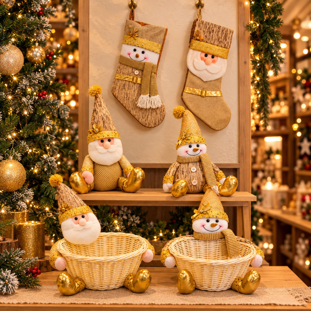 Kit « Vitrine Dorée » : 6 décorations de Noël Père Noël et Bonhomme de neige dont 2 offertes