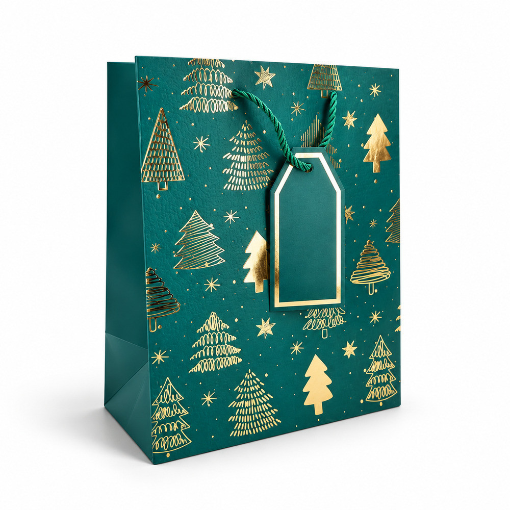 12 sacs cadeaux de Noël vert avec étiquette - 26x10x32cm