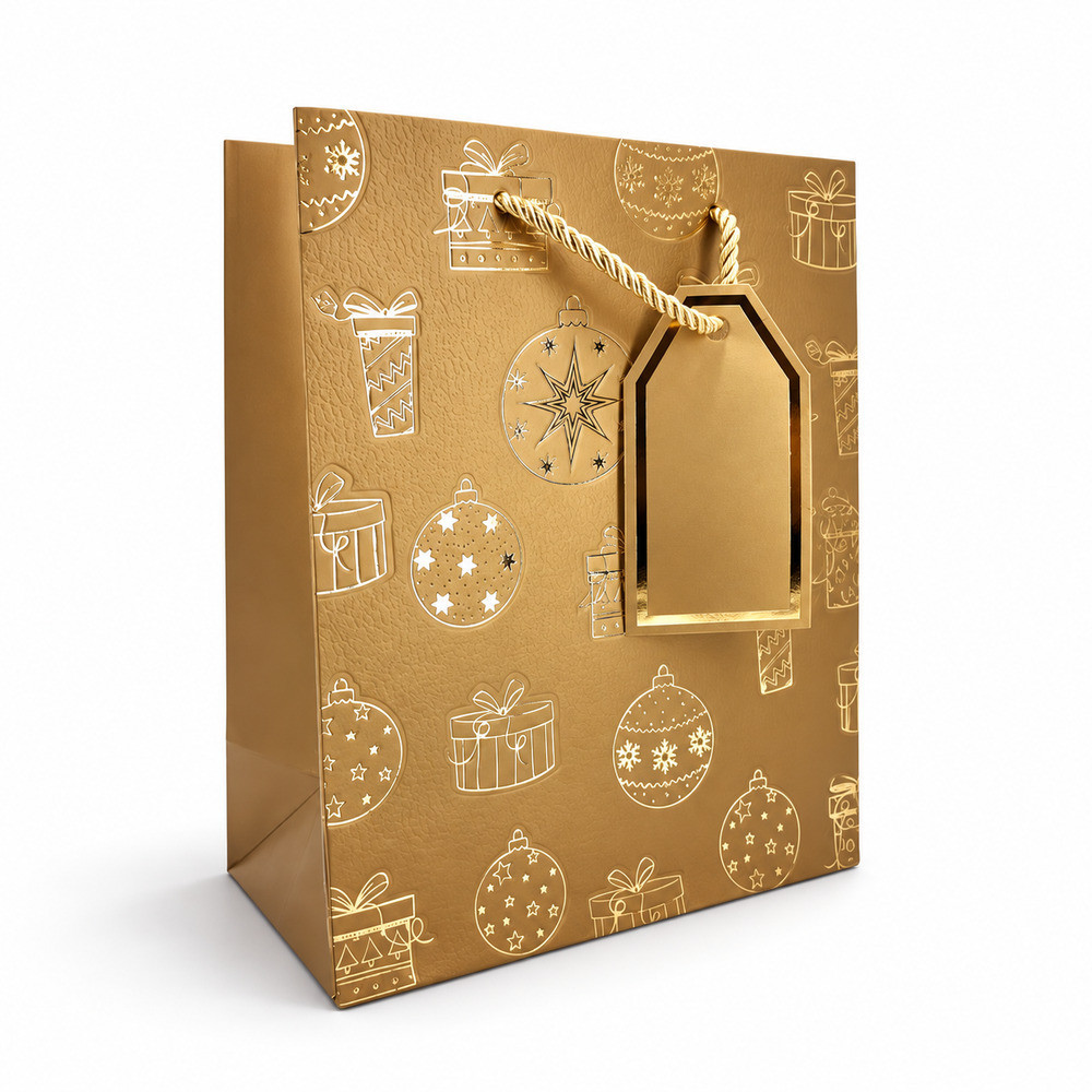 12 grands sacs cadeaux de Noël doré avec étiquette - 30x12x42cm