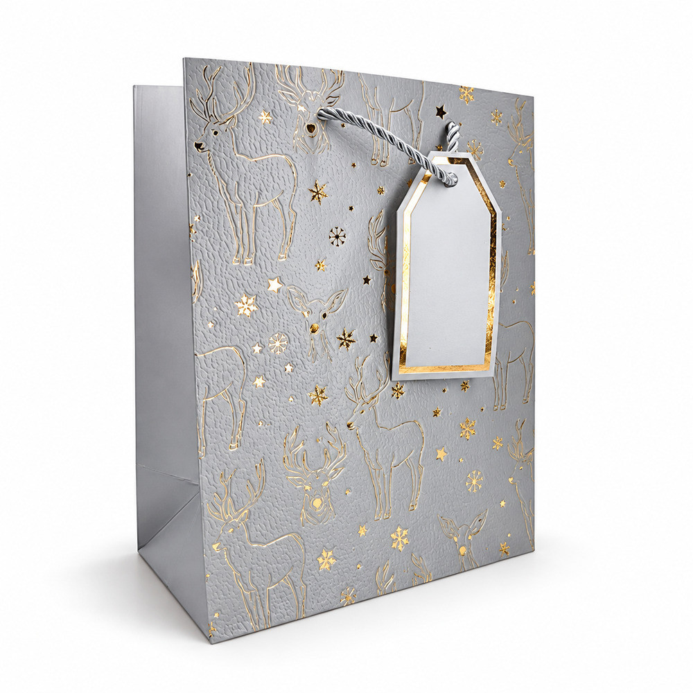 12 grands sacs cadeaux de Noël argenté avec étiquette - 30x12x42cm