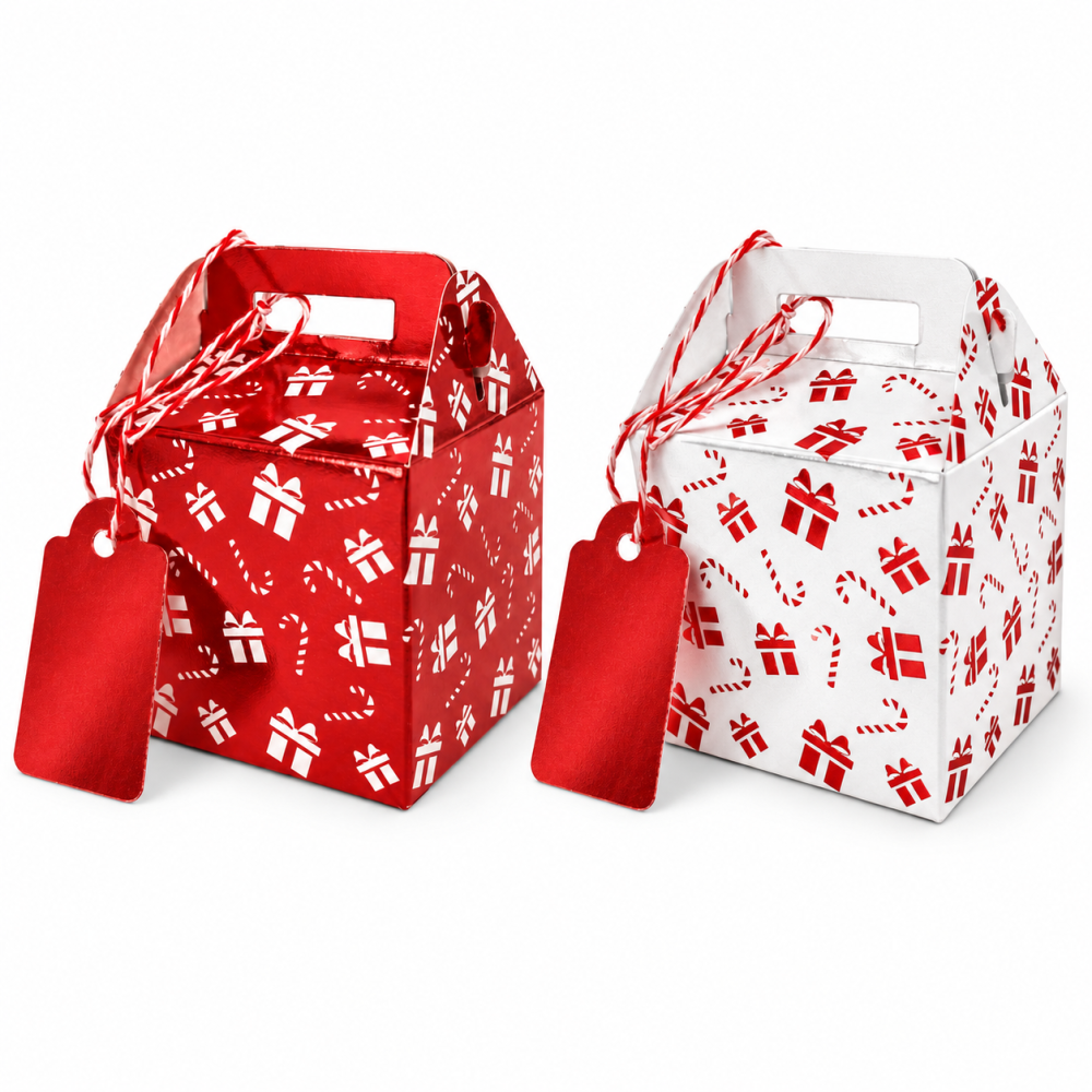 12 petites boîtes cadeaux Noël motifs cadeaux avec étiquette – 2 modèles rouge et blanc