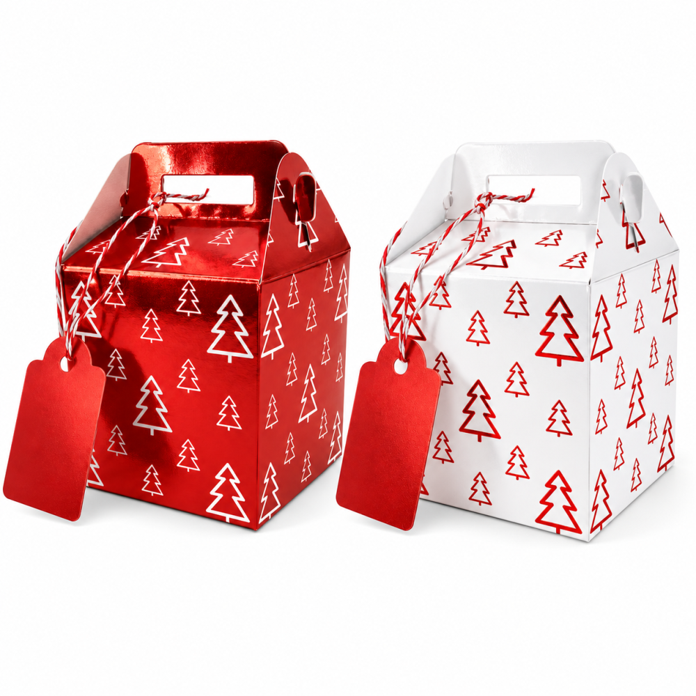 12 petites boîtes cadeaux Noël motifs sapins avec étiquette – 2 modèles rouge et blanc