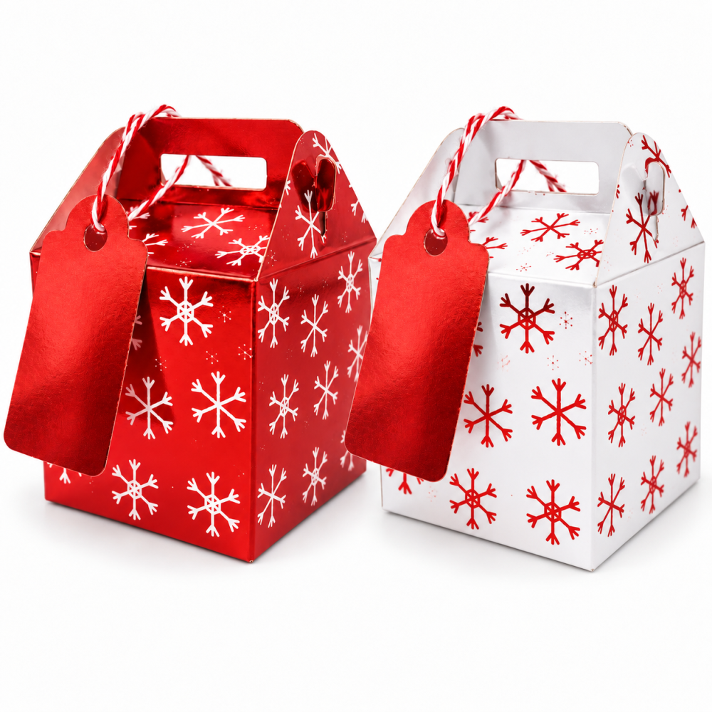 12 petites boîtes cadeaux Noël motifs flocons avec étiquette – 2 modèles rouge et blanc