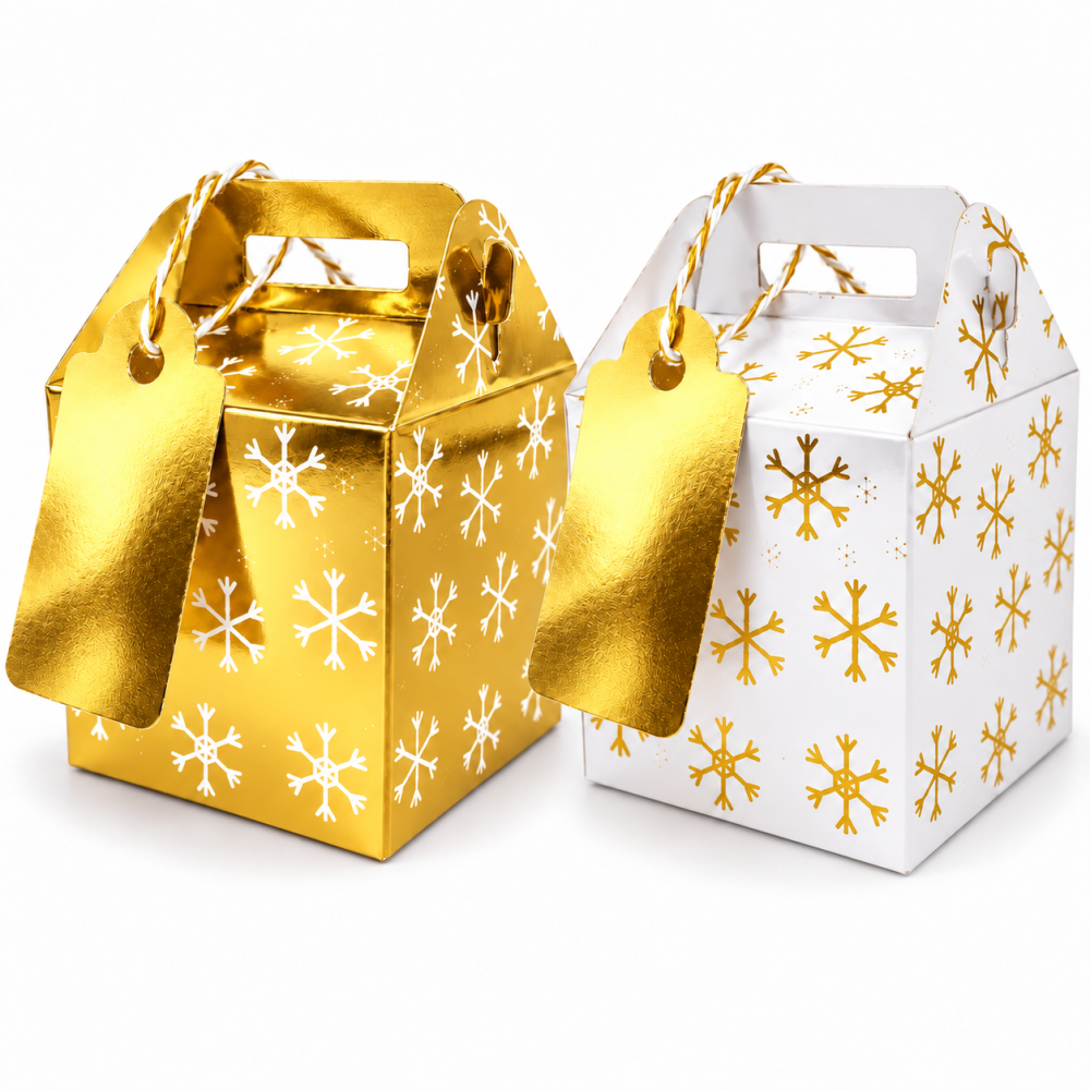 12 petites boîtes cadeaux Noël motifs flocons avec étiquette – 2 modèles doré et blanc