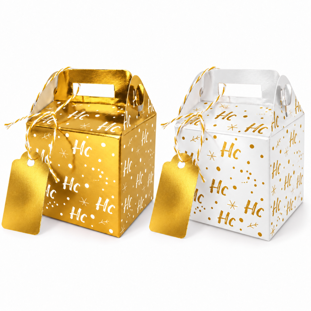 12 petites boîtes cadeaux Noël motifs Ho-Ho avec étiquette – 2 modèles doré et blanc