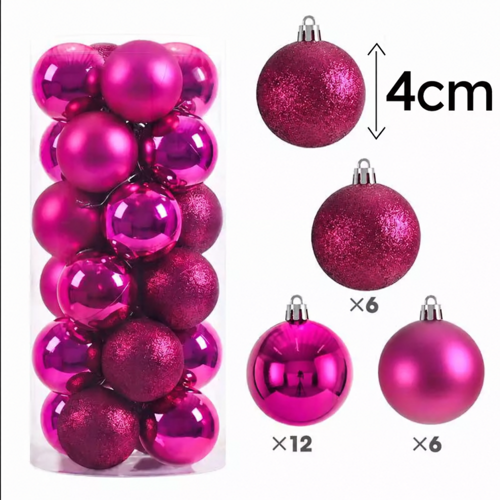 Pack de 24 petites boules de noël 4cm - rose fuchsia