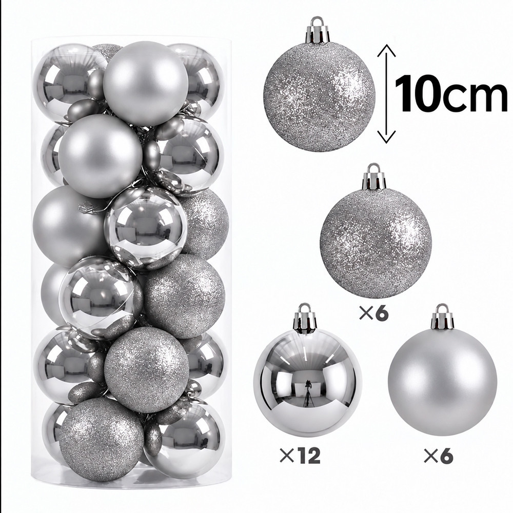 Ensemble de 24 grandes boules de noël 10cm - argenté