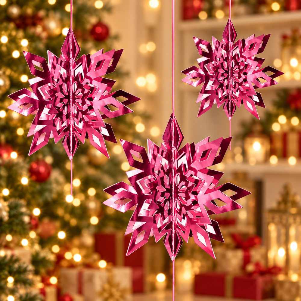 6 flocons de noël à suspendre en carton rose brillant
