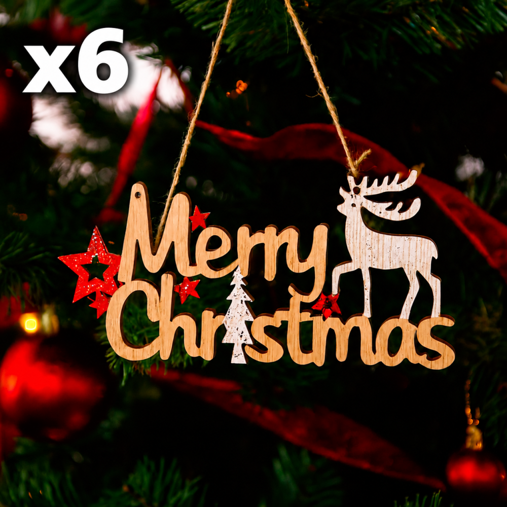 Lot de 6 pancartes Merry Christmas en bois à suspendre, 3 OFFERTES