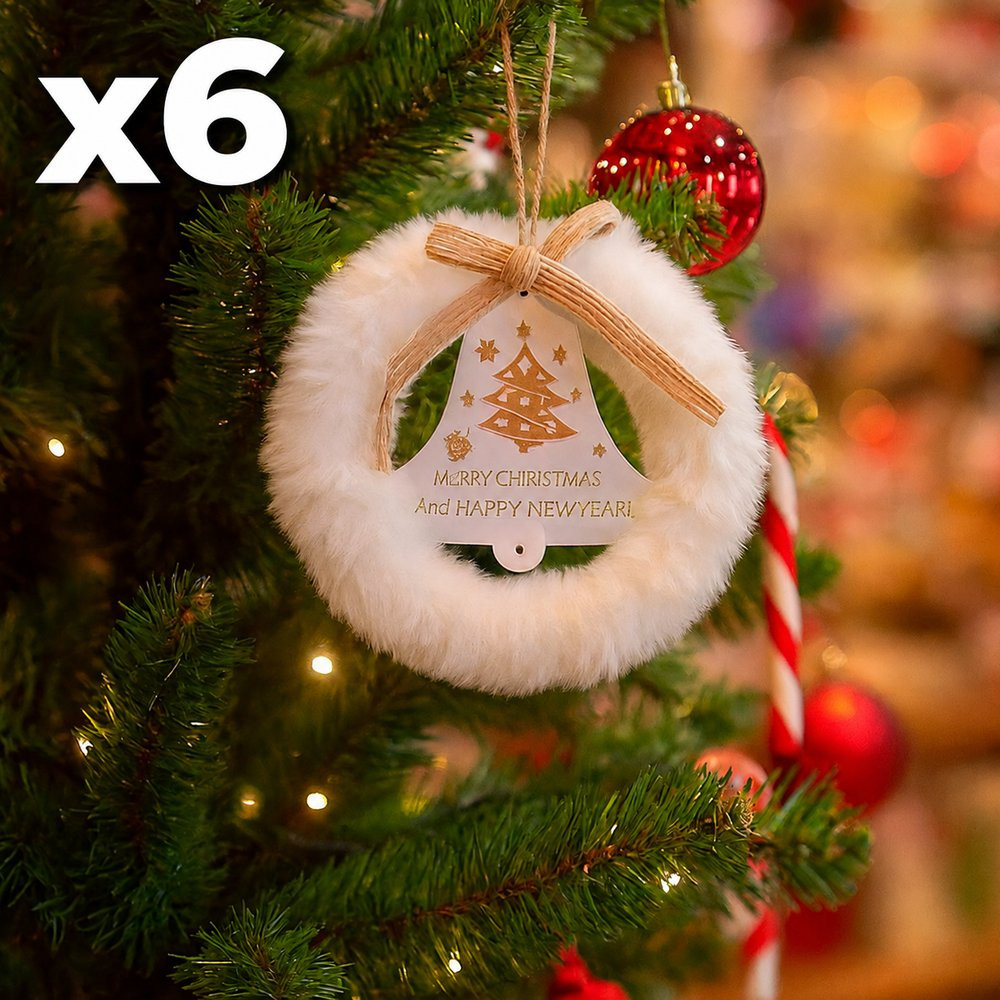 Lot de 6 cloches de Noël en bois et fourrure à suspendre, 3 OFFERTES
