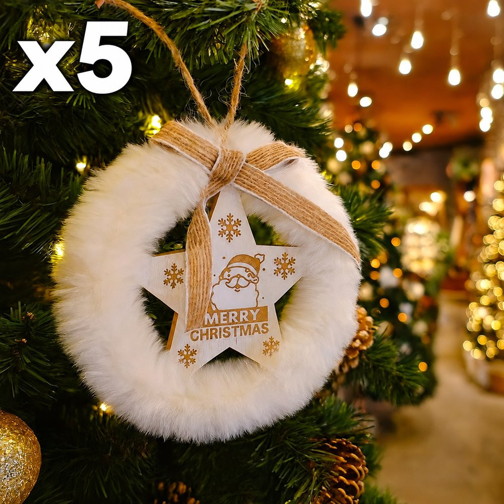 Lot de 5 étoiles de Noël en bois et fourrure à suspendre, 2 OFFERTES