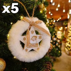 Lot de 5 étoiles de Noël en bois et fourrure à suspendre, 2 OFFERTES