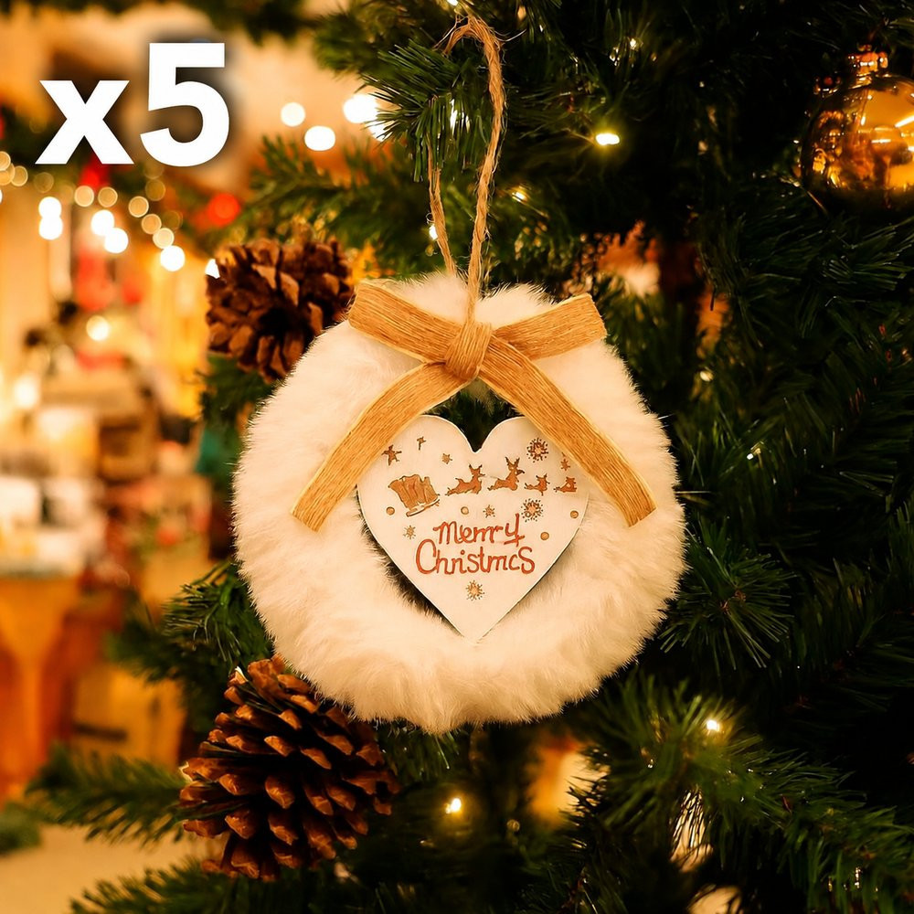 Lot de 5 cœurs de Noël en bois et fourrure à suspendre, 2 OFFERTS
