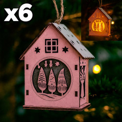 Lot de 6 maisons de Noël lumineuses roses à suspendre, 2 OFFERTES
