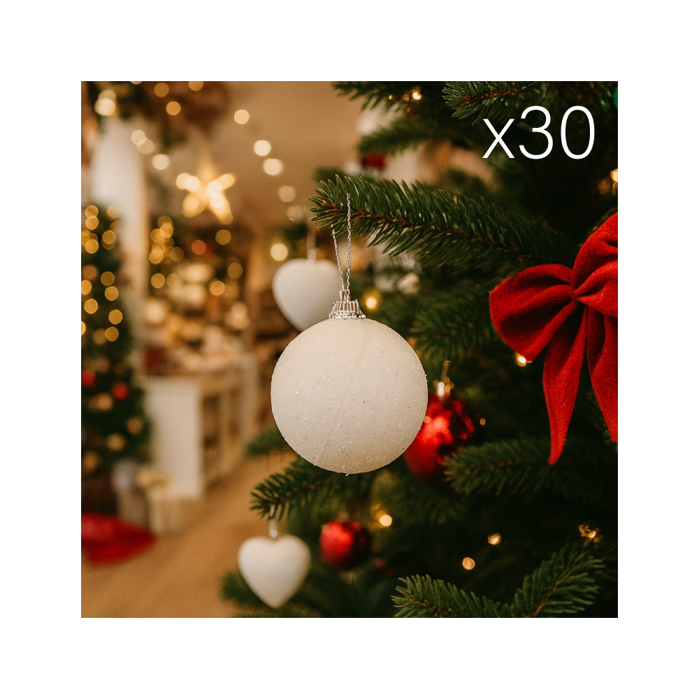 30 boules blanches à paillettes à suspendre (5 lots de 6), 12 OFFERTES