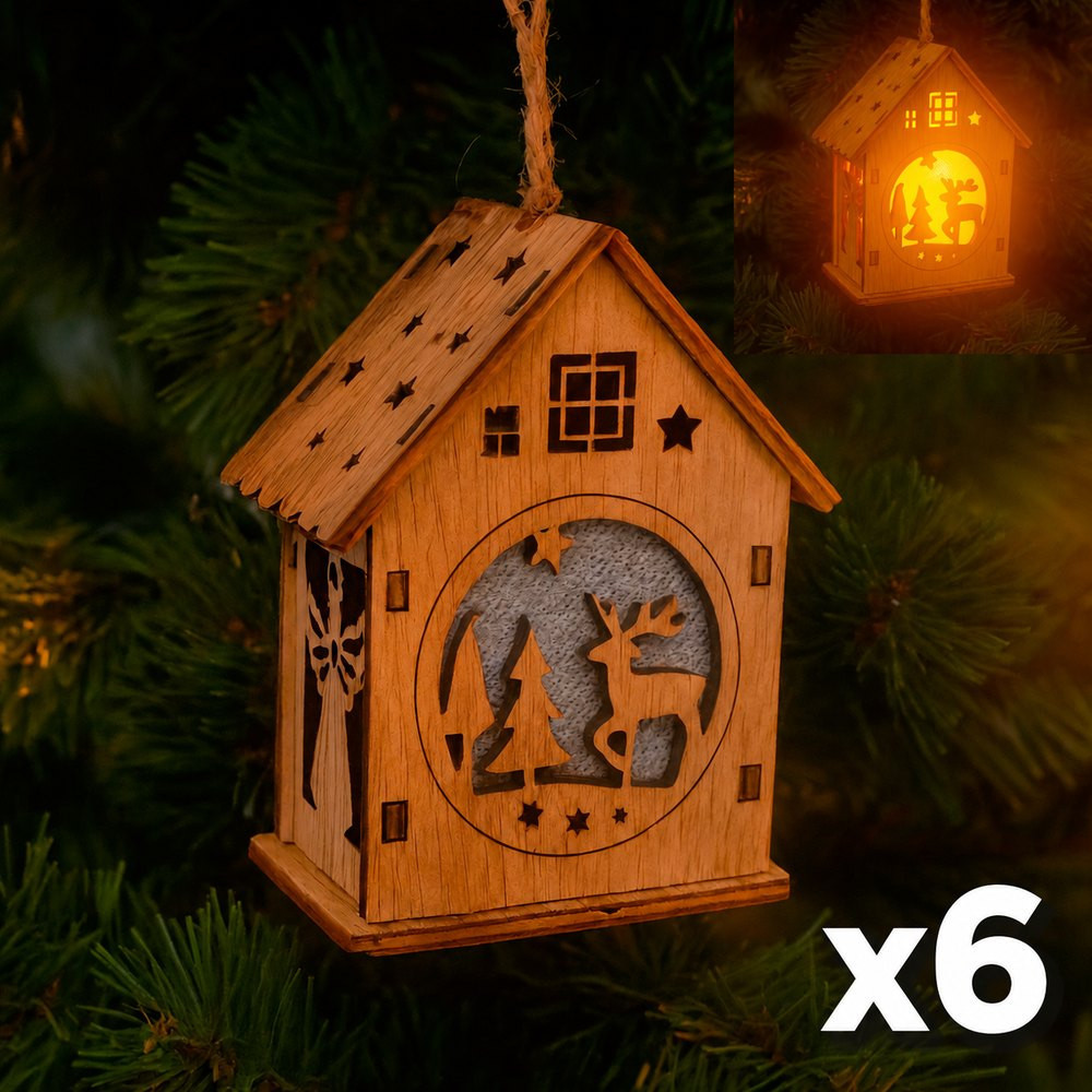 Lot de 6 maisons de Noël lumineuses en bois à suspendre, 2 OFFERTES
