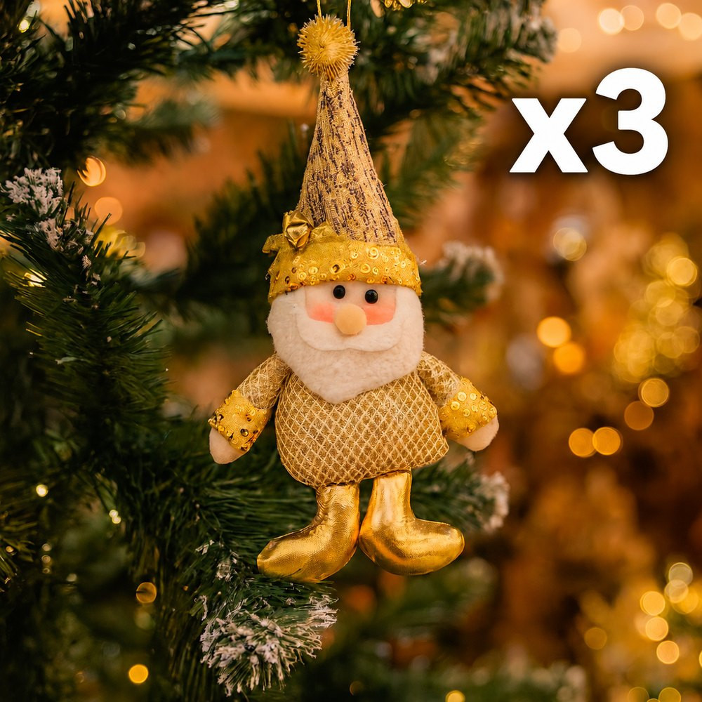 Lot de 3 petites peluches dorées Père Noël pour sapin, 1 OFFERTE