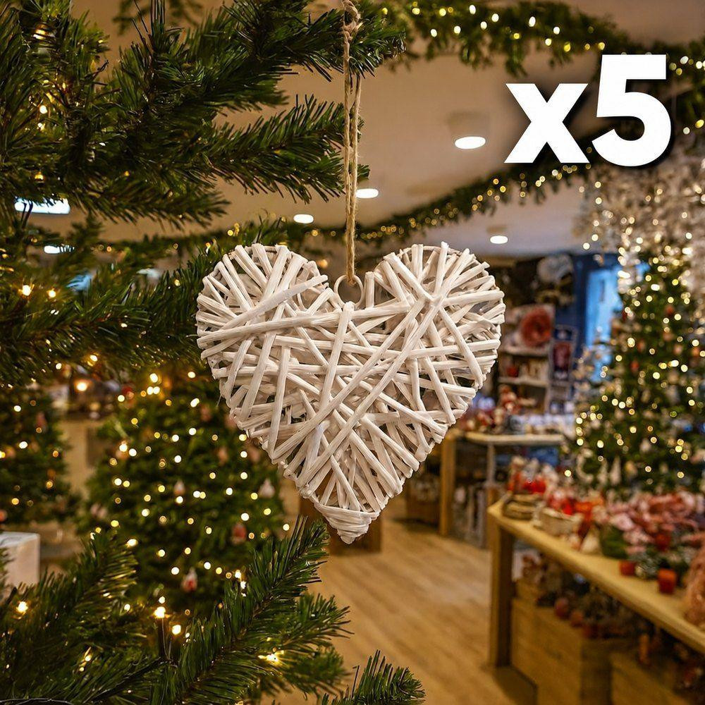 Lot de 5 cœurs en osier blanc 20 cm à suspendre, 2 OFFERTS