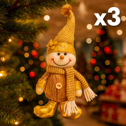 Lot de 3 petites peluches dorées Bonhomme de neige pour sapin, 1 OFFERTE