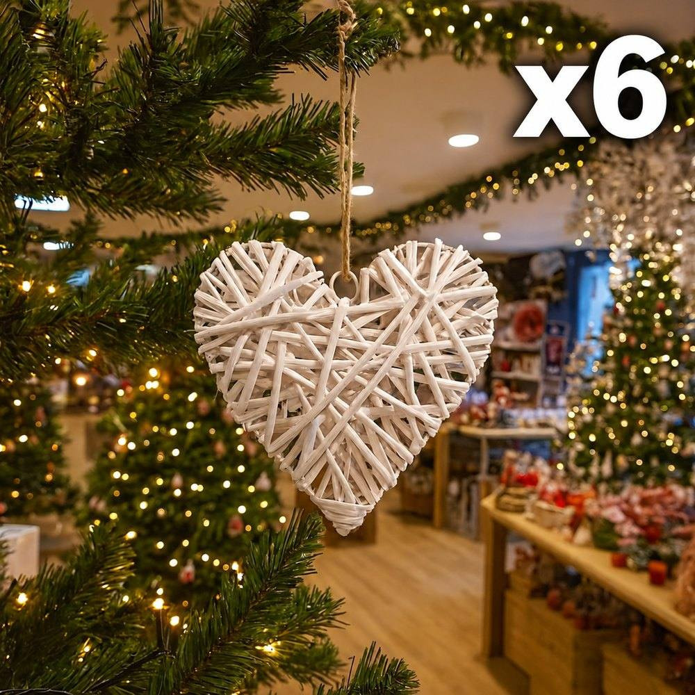 Lot de 6 cœurs en osier blanc 15 cm à suspendre, 2 OFFERTS