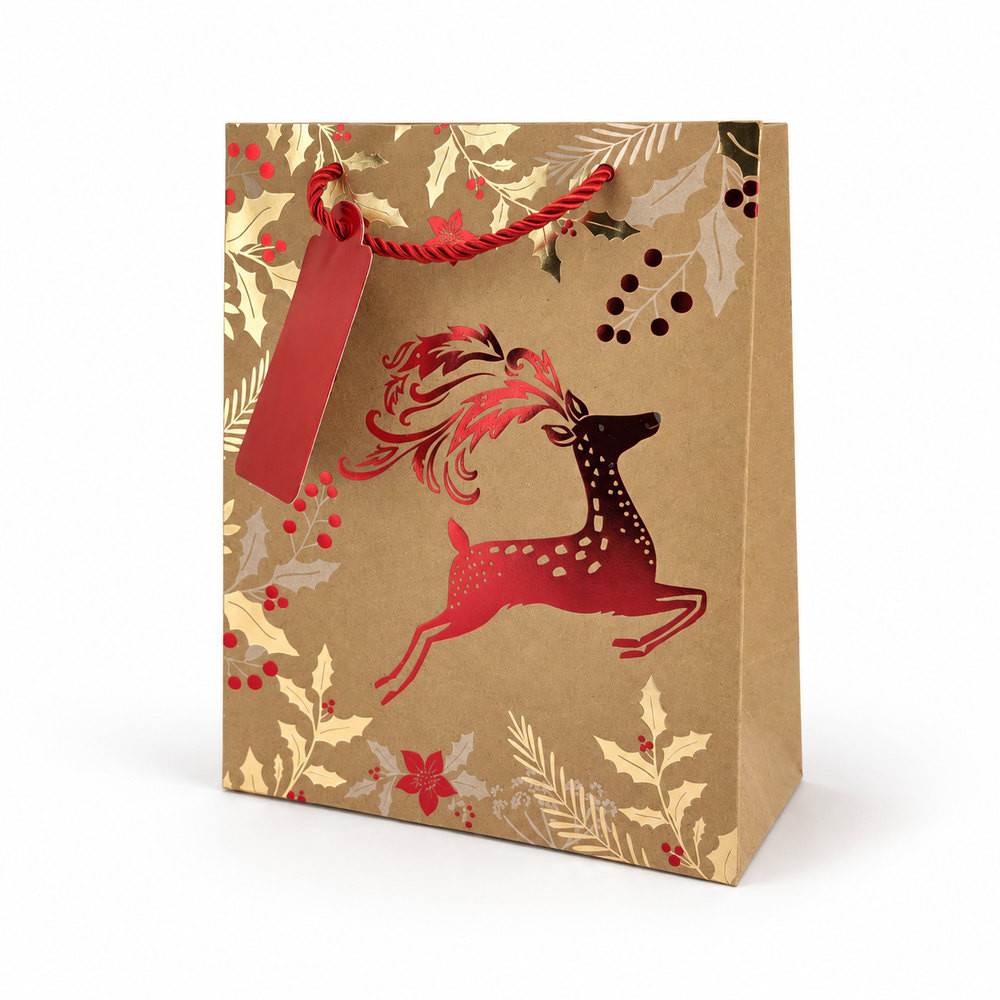 12 sacs cadeaux Noël kraft - Renne rouge métallisé et feuillage doré - L