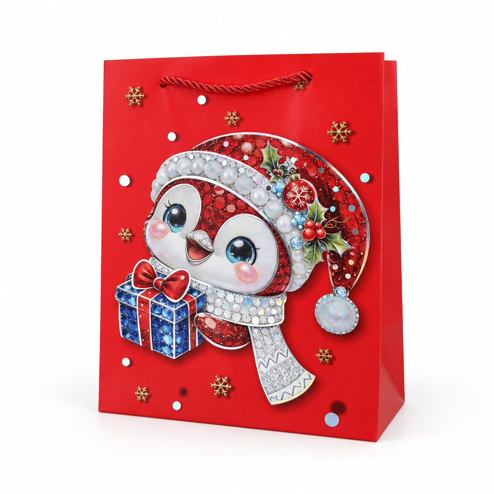 Sac cadeau Noël rouge - Pingouin et cadeau scintillant - L - Lot de 12