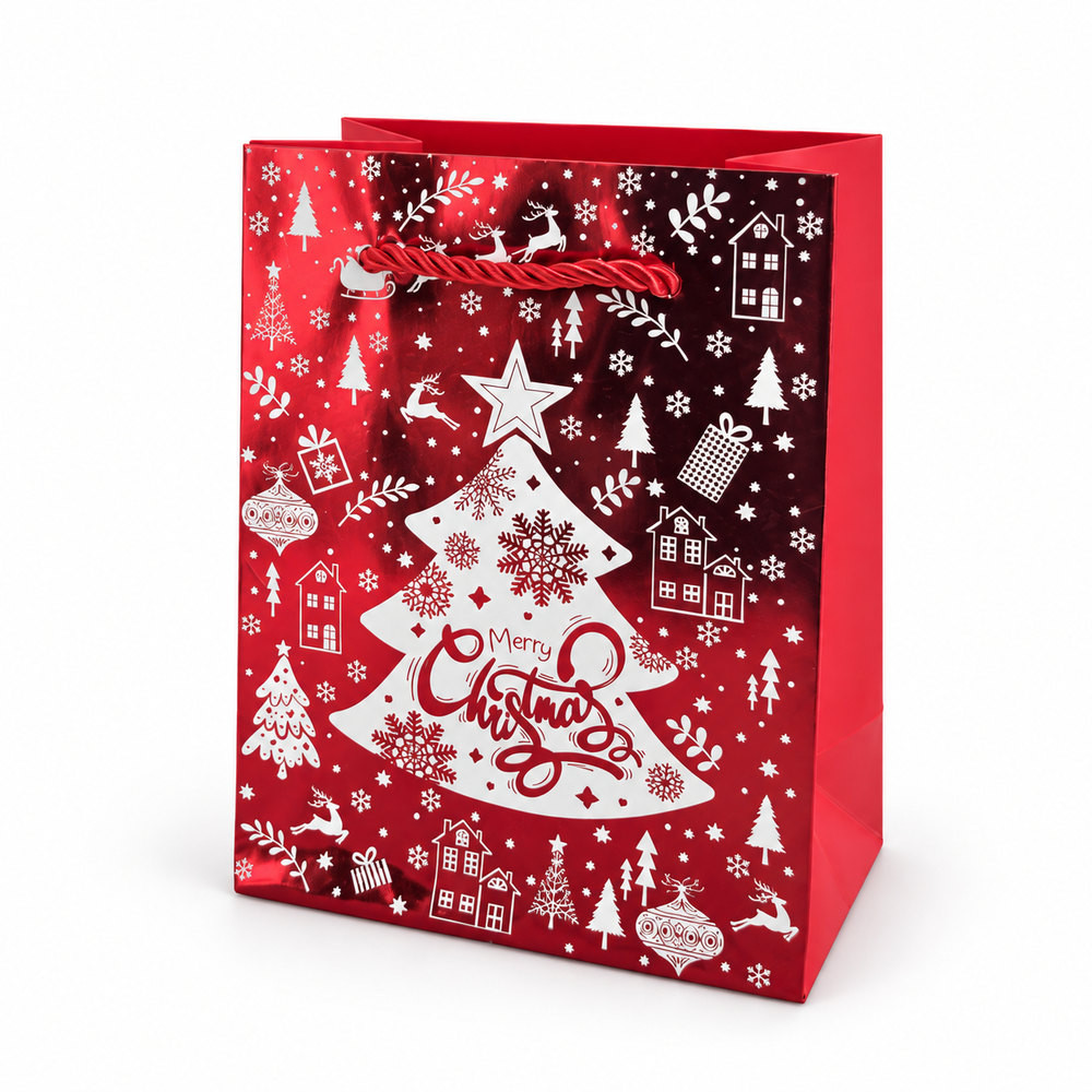 12 sacs cadeau Noël rouge brillant – Sapin et motifs festifs – S