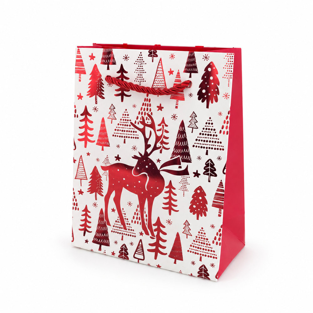 12 sacs cadeau Noël blanc et rouge – Renne et sapins – M