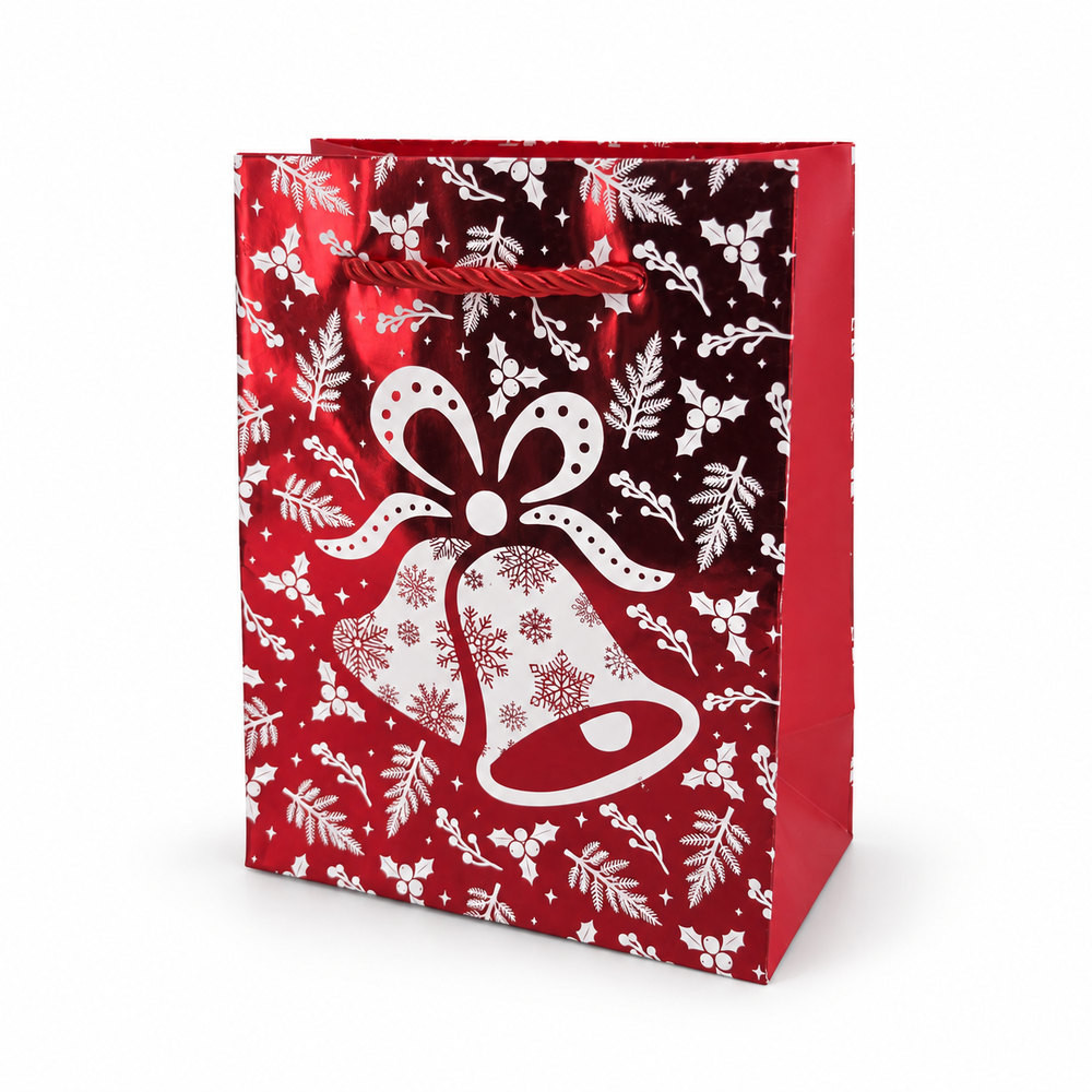 12 sacs cadeau Noël rouge brillant – Cloche et feuillage – L